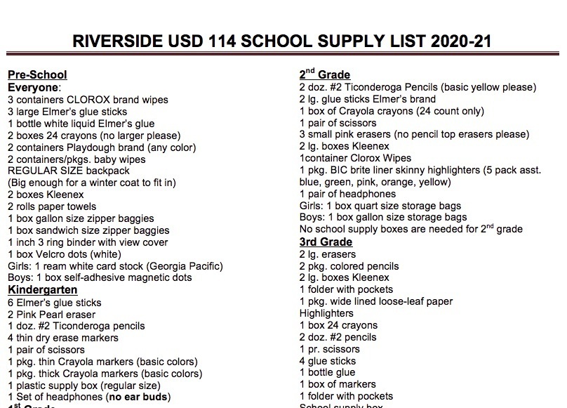 2020-2021 Riverside USD 114 School Supply List