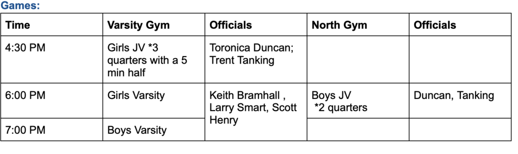 game schedule